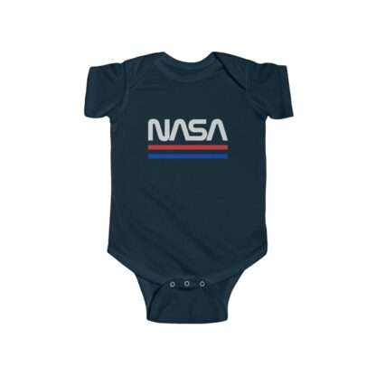 Navy-blue infant onesie with NASA logo in retro styling