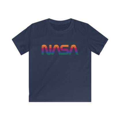 Navy-blue kids t-shirt with NASA logo in rainbow colors
