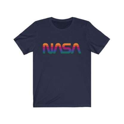 Navy-blue unisex t-shirt with NASA logo in rainbow colors