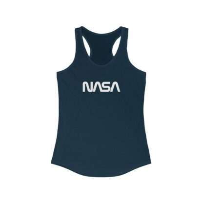 Navy- blue NASA racerback tank for women featuring NASA worm logo