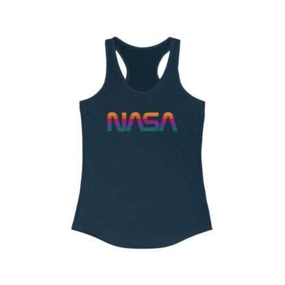 Navy-blue NASA racerback tank for women featuring rainbow colors logo