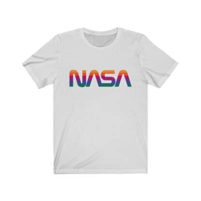 Of-white unisex t-shirt with NASA logo in rainbow colors