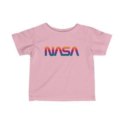 Pink NASA baby t-shirt featuring rainbow logo