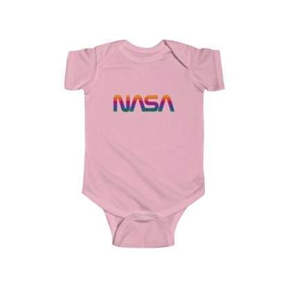 Pink infant onesie with NASA logo in rainbow colors