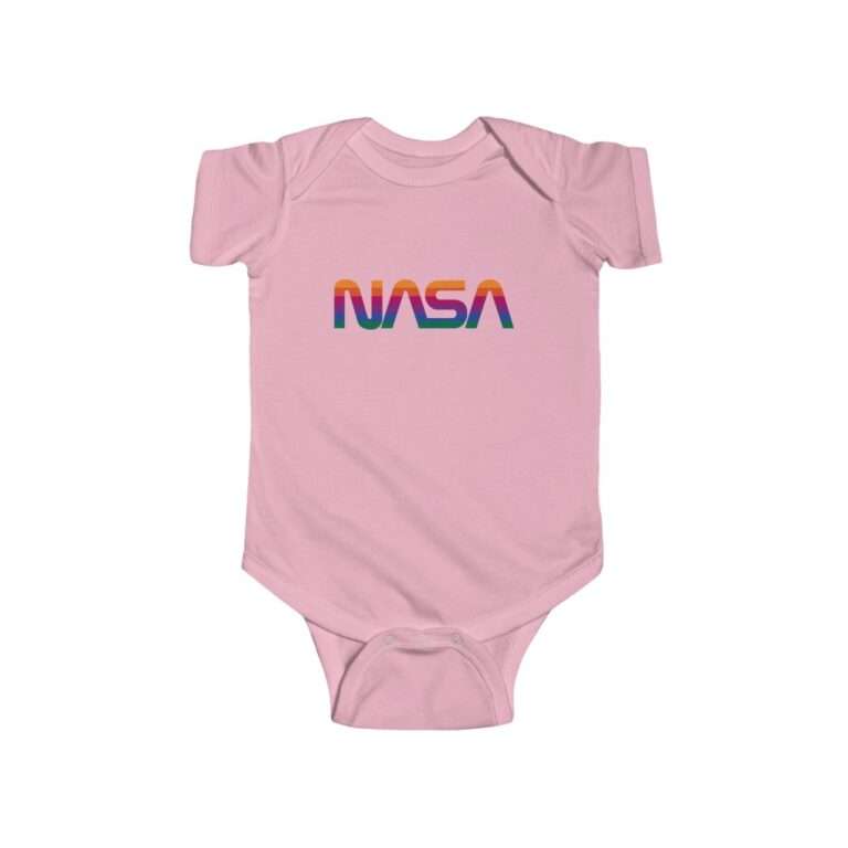 Pink infant onesie with NASA logo in rainbow colors