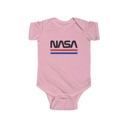 Pink infant onesie with NASA logo in retro styling