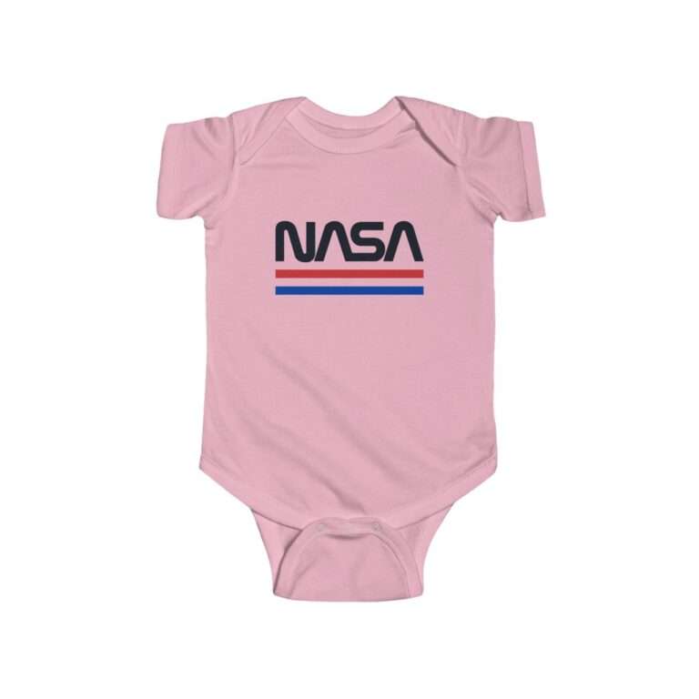 Pink infant onesie with NASA logo in retro styling