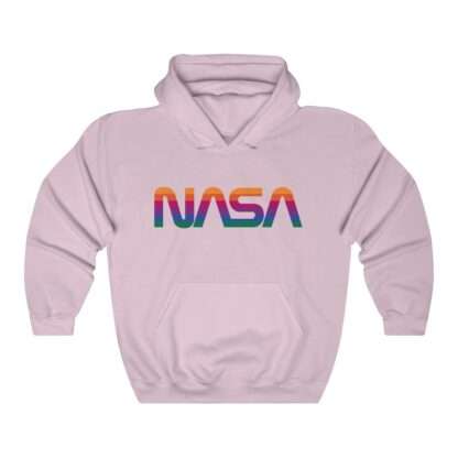 Pink unisex hoodie with NASA logo in rainbow colors