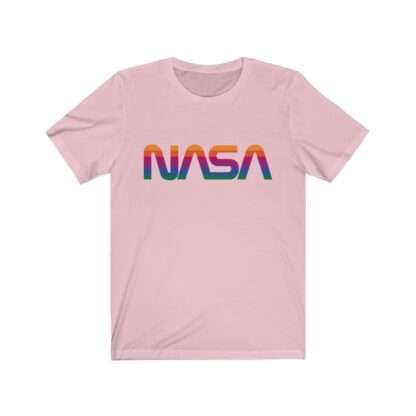 Pink unisex t-shirt with NASA logo in rainbow colors