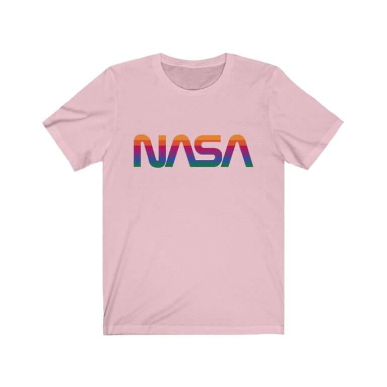 Pink unisex t-shirt with NASA logo in rainbow colors