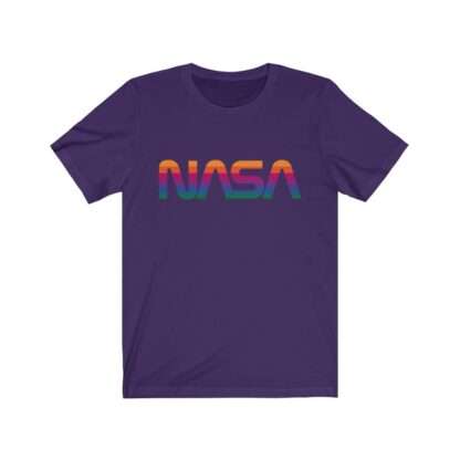 Purple unisex t-shirt with NASA logo in rainbow colors