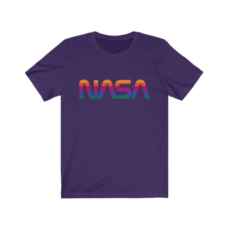 Purple unisex t-shirt with NASA logo in rainbow colors