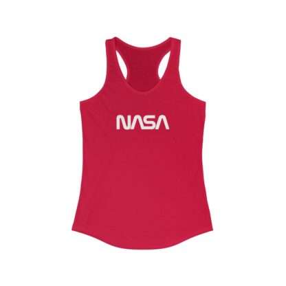 Red NASA racerback tank for women featuring NASA worm logo