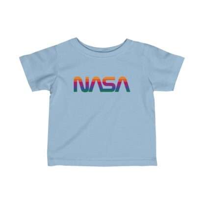 Sky-blue NASA baby t-shirt featuring rainbow logo