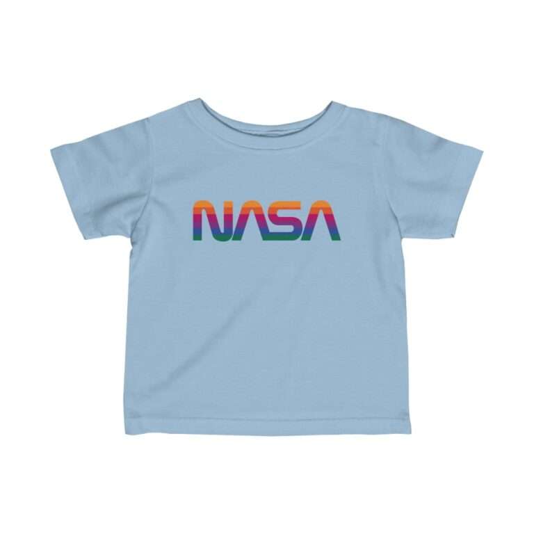 Sky-blue NASA baby t-shirt featuring rainbow logo