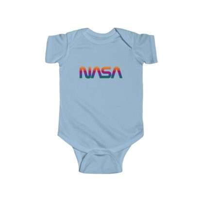 Sky-blue infant onesie with NASA logo in rainbow colors