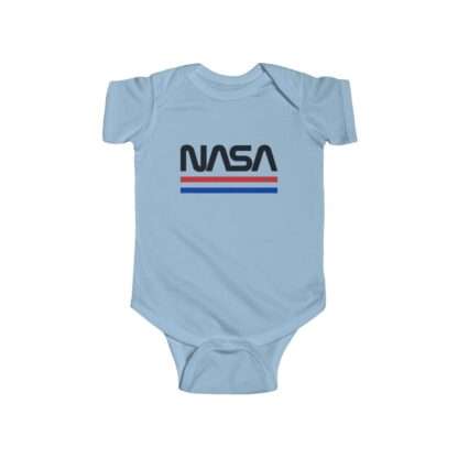 Sky-blue infant onesie with NASA logo in retro styling