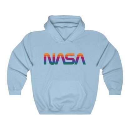 Sky-blue unisex hoodie with NASA logo in rainbow colors