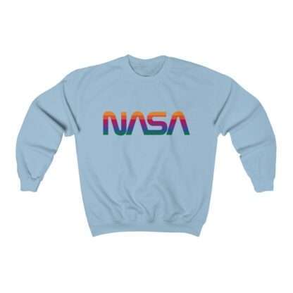 Sky-blue unisex sweatshirt with NASA logo in rainbow colors