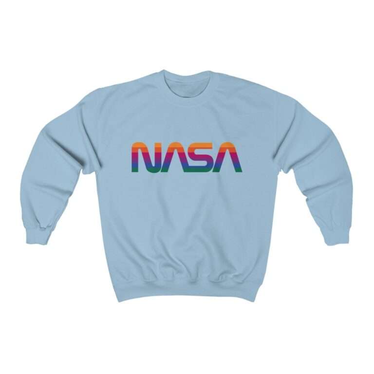 Sky-blue unisex sweatshirt with NASA logo in rainbow colors