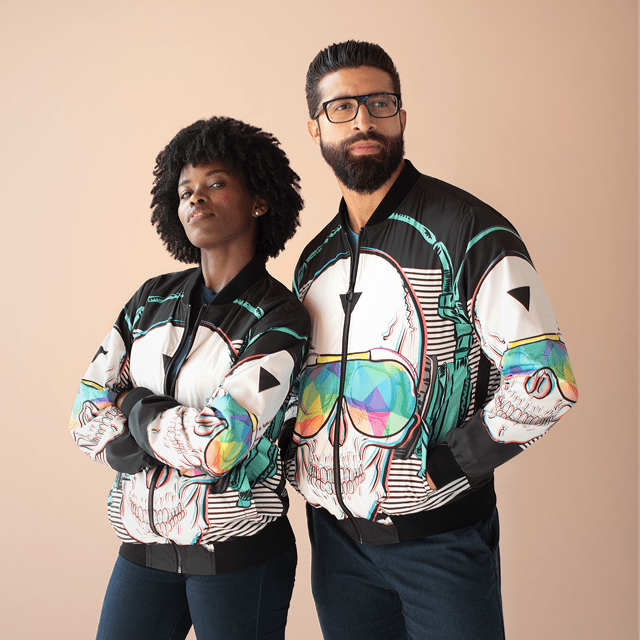 Couple wearing unisex bomber jacket