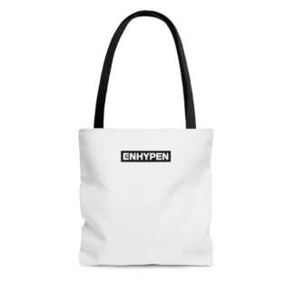 Front of white Enhypen tote bag with minimalist black logo
