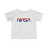 White NASA baby t-shirt featuring rainbow logo