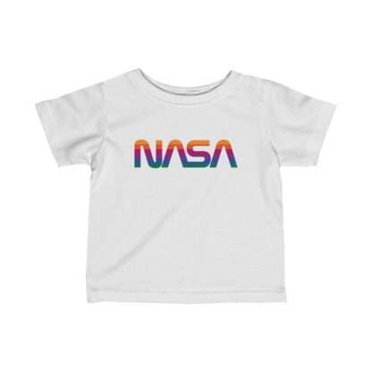 White NASA baby t-shirt featuring rainbow logo