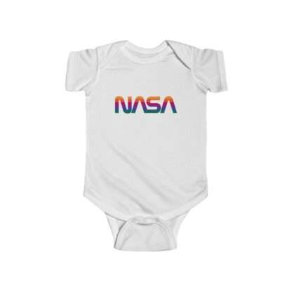 White infant onesie with NASA logo in rainbow colors