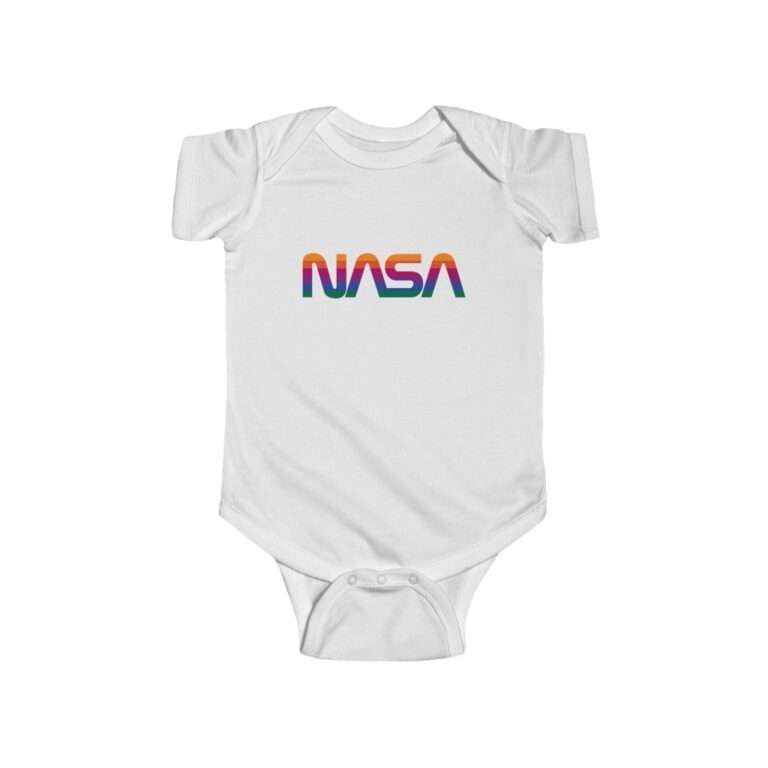 White infant onesie with NASA logo in rainbow colors