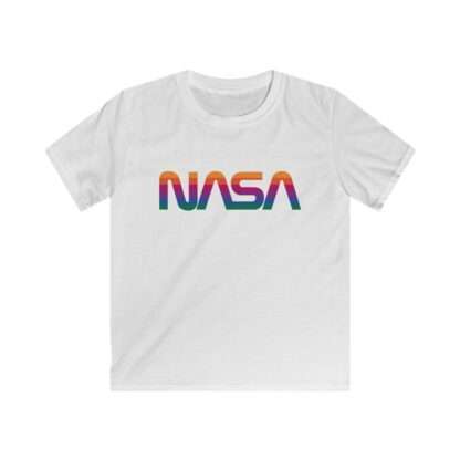 White kids t-shirt with NASA logo in rainbow colors