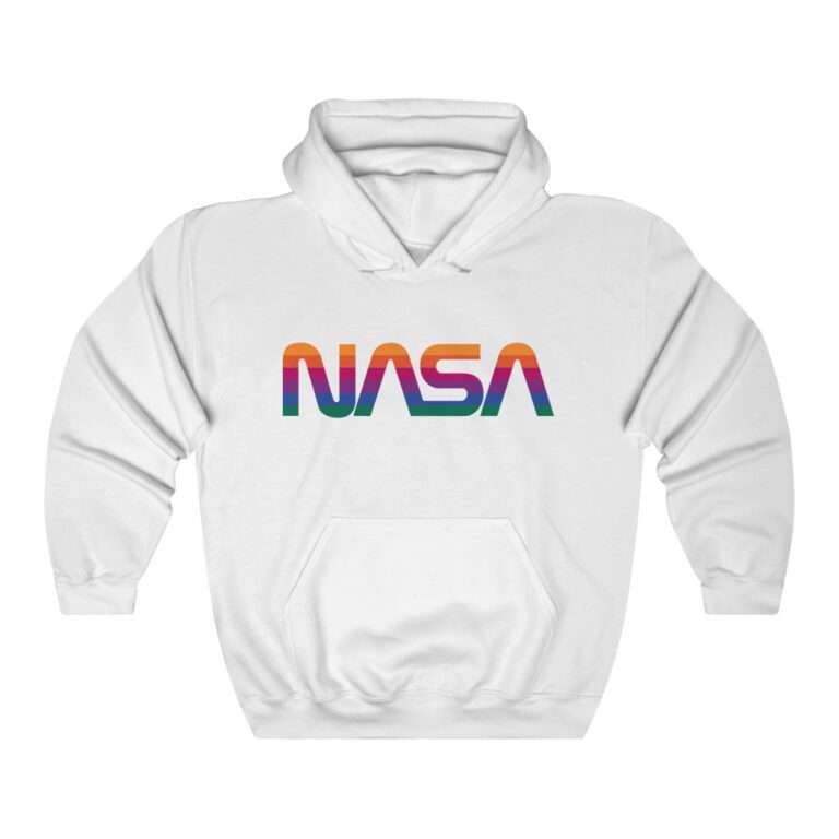 White unisex hoodie with NASA logo in rainbow colors