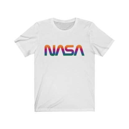 White unisex t-shirt with NASA logo in rainbow colors