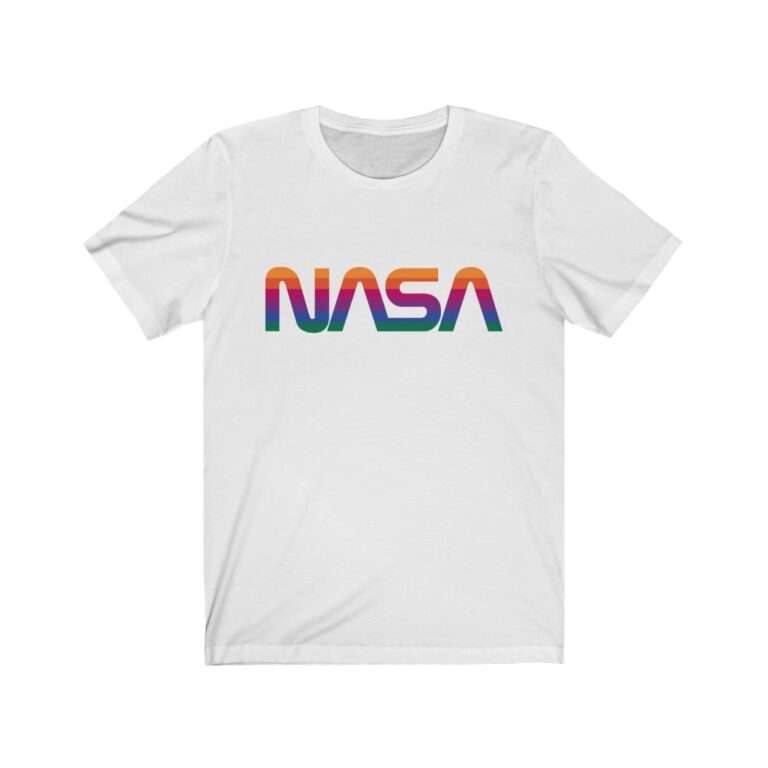 White unisex t-shirt with NASA logo in rainbow colors