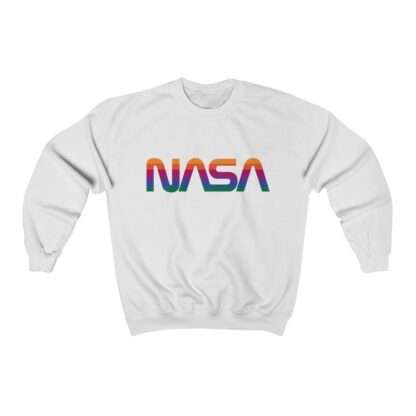 White unisex sweatshirt with NASA logo in rainbow colors