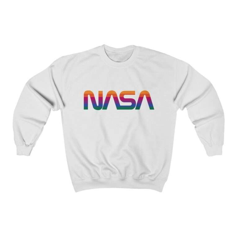 White unisex sweatshirt with NASA logo in rainbow colors