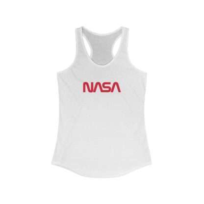 White NASA racerback tank for women featuring NASA worm logo