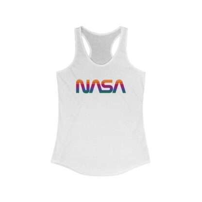 White NASA racerback tank for women featuring rainbow colors logo