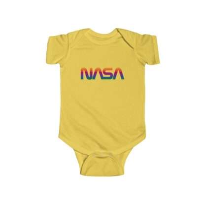 Yellow infant onesie with NASA logo in rainbow colors