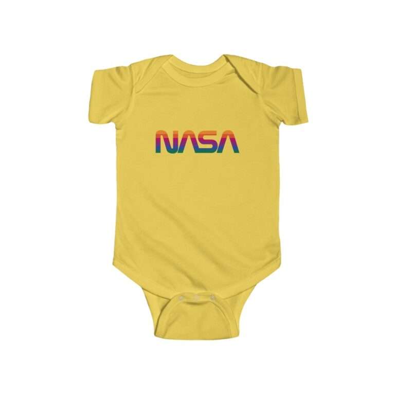Yellow infant onesie with NASA logo in rainbow colors