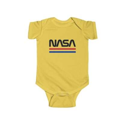 Yellow infant onesie with NASA logo in retro styling