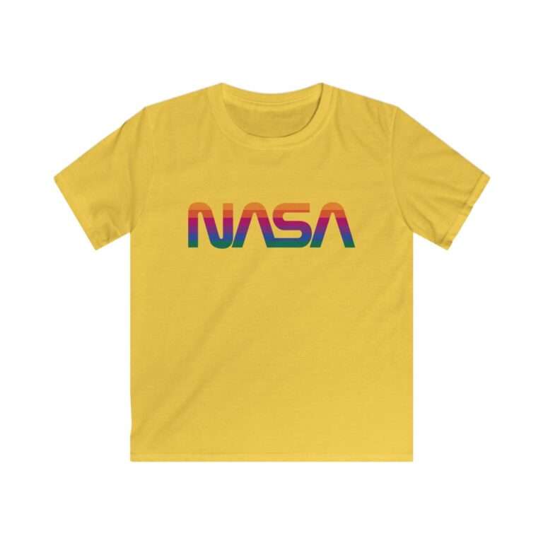 Yellow kids t-shirt with NASA logo in rainbow colors