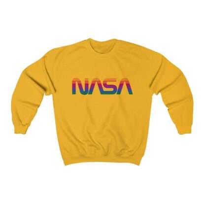 Yellow unisex sweatshirt with NASA logo in rainbow colors