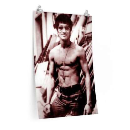 Portrait print of Bruce Lee topless and wearing sunglasses