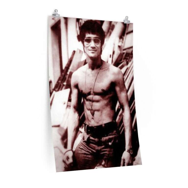Portrait print of Bruce Lee topless and wearing sunglasses