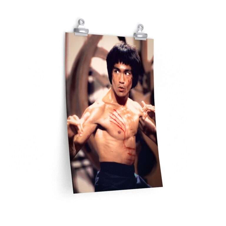 Poster print of Bruce Lee in a fight scene with scars and wounds
