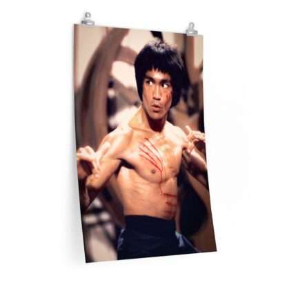 Poster print of Bruce Lee in a fight scene with scars and wounds