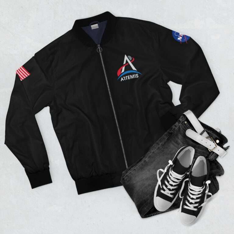 "Fly Me to the Moon" black bomber jacket for NASA Artemis
