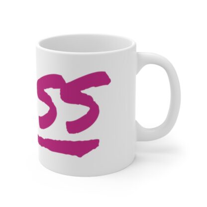 Left of ceramic mug with bold pink hand script of "THE BOSS"