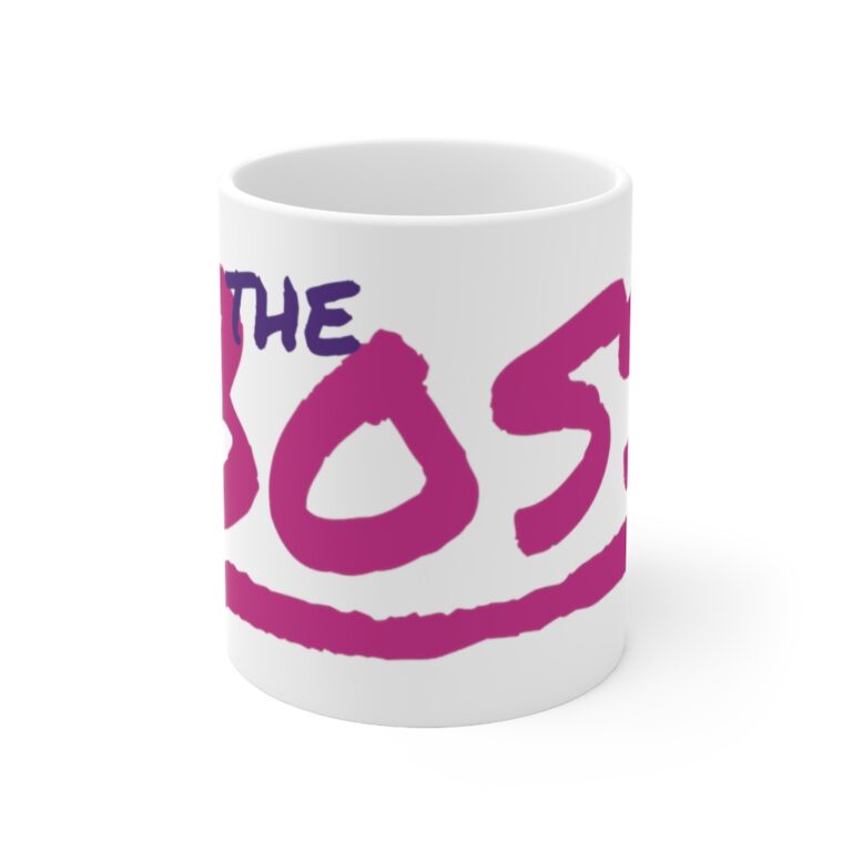 Front of ceramic mug with bold pink hand script of "THE BOSS"